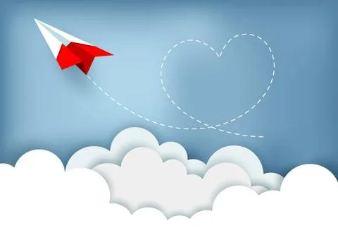 Paper plane fly up to sky while flying above a cloud Is a heart shape. creati Illustrazione stock