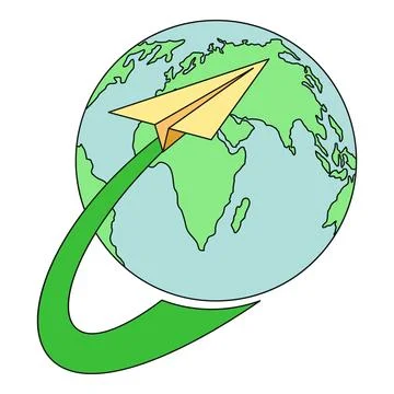 Paper plane flying around globe representing global travel Ilustración de archivo
