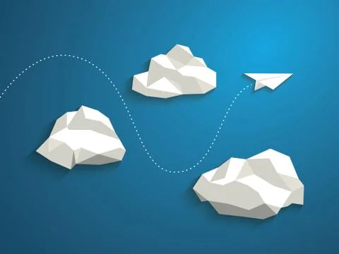 Paper plane flying between clouds. Modern polygonal shapes background, low poly Stock Illustration