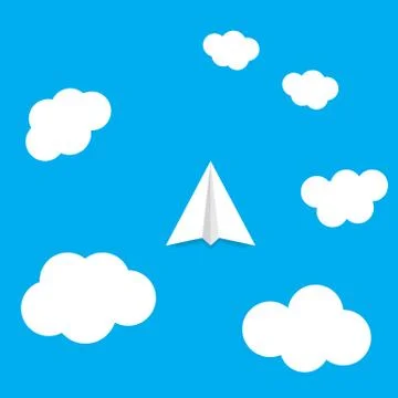 Paper plane flying in the clouds. Illustrazione stock