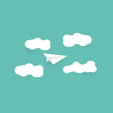 Paper plane flying with clouds on sky, flat design, paper art, origami Stock Illustration