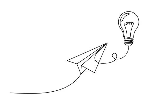 Paper plane flying with connected light bulb in continuous line art style d.. Stock Illustration
