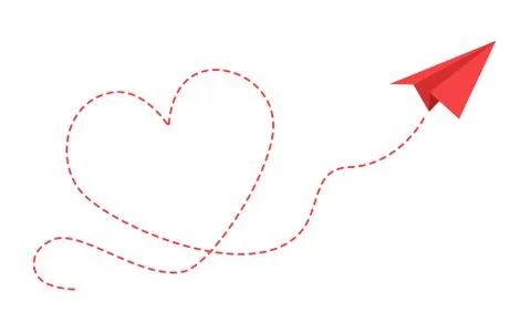 Paper plane with heart path. Flying airplane with contour dotted trace in love Stock Illustration