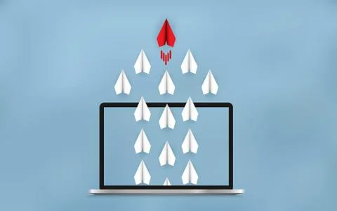 Paper plane launch outside notebook screen. Business Financial concept are co Stock Illustration