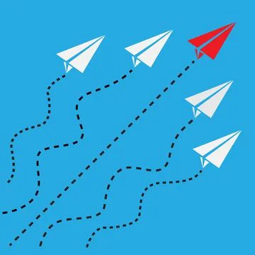 Paper plane in one direction on blue background. red paper plane leading Stock Illustration