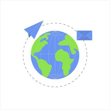 Paper plane, postal envelope fly around the world Stock Illustration