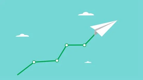 Paper plane pulling line graph up rising into the clouds, Business earning .. Stock Illustration