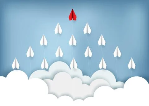Paper plane red and white fly up to sky while flying above a cloud. creative  Stock Illustration