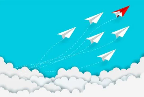 Paper plane red and white competition charged up to the sky while flying abov Stock Illustration