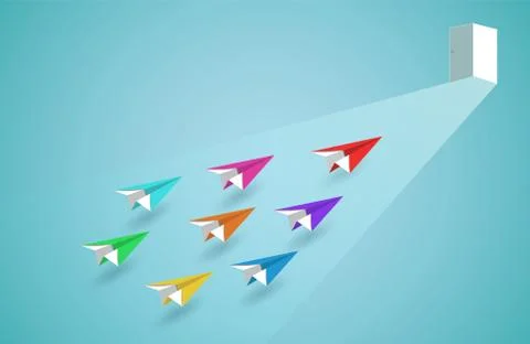 Paper plane red  competition with paper airplane colourful. go to the door of Stock Illustration