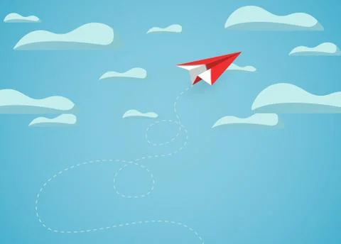 Paper plane red flying up to the sky while fly above a cloud. business financ Stock Illustration
