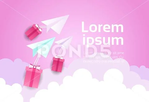 Paper Plane In Sky Over Pink Clouds And Gift Boxes Background Valentine Day Stock Illustration