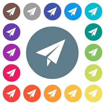 Paper plane solid flat white icons on round color backgrounds 库存插图