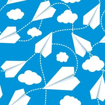 Paper Planes in Clouds Seamless Pattern Stock Illustration