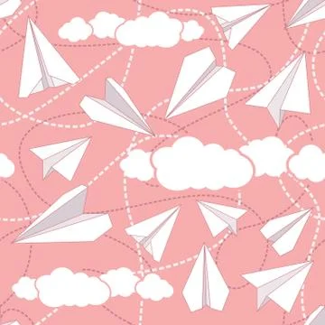 Paper Planes in Clouds Seamless Pattern Stock Illustration