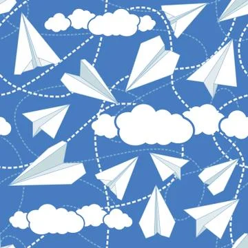 Paper Planes in Clouds Seamless Pattern Stock Illustration