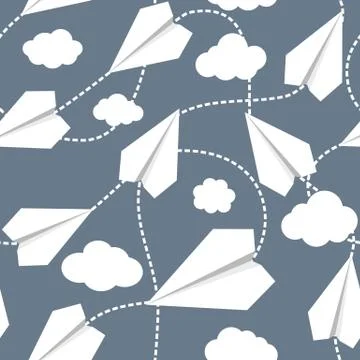 Paper Planes in Clouds Seamless Pattern Stock Illustration