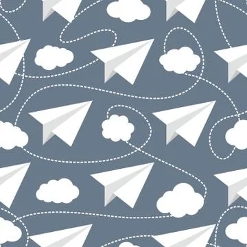 Paper Planes in Clouds Seamless Pattern Stock Illustration