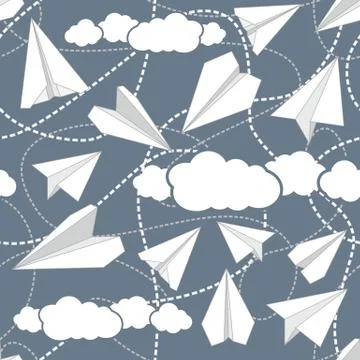 Paper Planes in Clouds Seamless Pattern イラスト素材