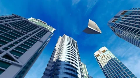 Paper planes flew over the roofs of buildings and grass Stock Footage 170589246