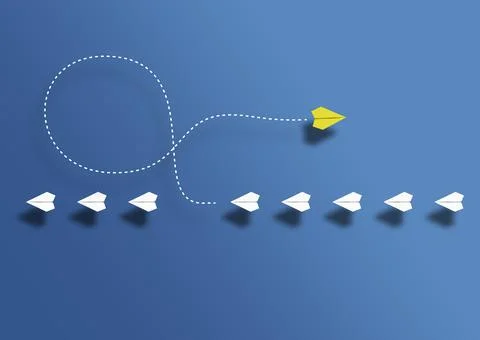 Paper planes in a row and one paper glider going in opposite direction above Stock Illustration