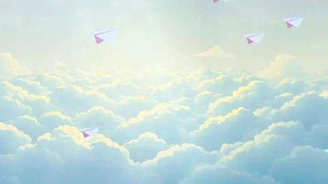 Paper Planes Soaring Through Dreamy Skies with Hearts - Animated Background Stock Footage 305731850