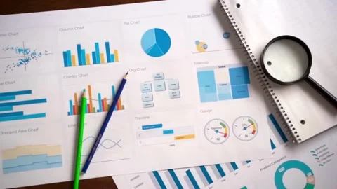 Paper of Policy and plan analysts searching for information from the portfolio 库存影片 334654423