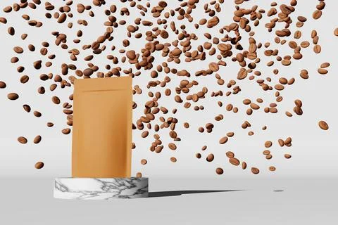 Paper pouch bag mockup falling coffee beans marble podium white background 3D Stock Illustration