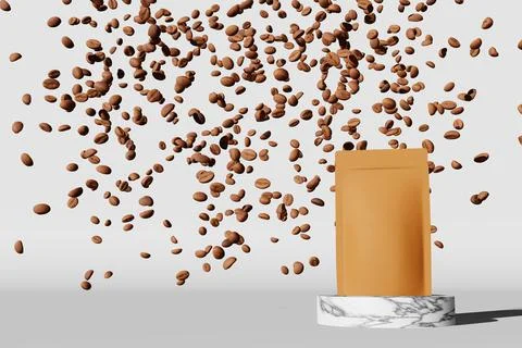 Paper pouch bag mockup falling coffee beans marble podium white background 3D Stock Illustration