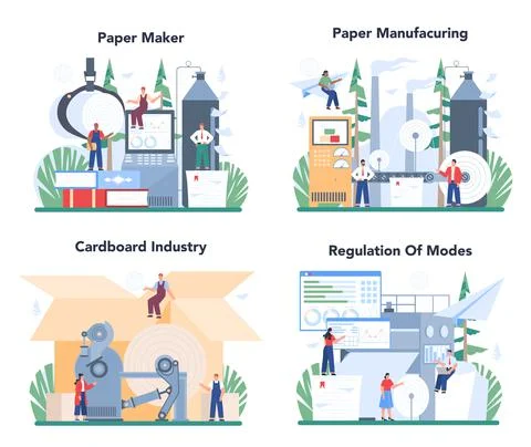 Paper production and wood processing concept set. Paper factory process Stock Illustration