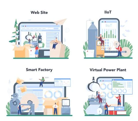 Paper production and wood processing online service or platform set. Stock Illustration
