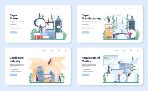 Paper production and wood processing web banner or landing page set. Stock Illustration