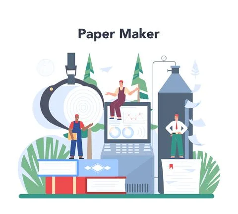 Paper production and wood processing concept. Paper factory process Stock Illustration