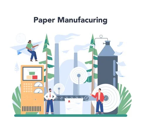 Paper production and wood processing concept. Paper factory process Stock Illustration
