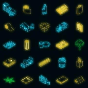 Paper production icons set vector neon Stock Illustration