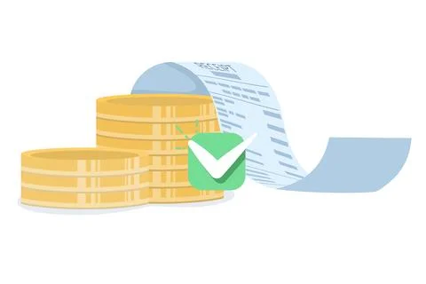 A paper receipt with a stack of coins. Concept for financial transactions. Stock Illustration