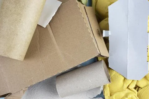 Paper recycling garbage. Sorting waste paper packaging at home. Wastepaper for Stock Photos
