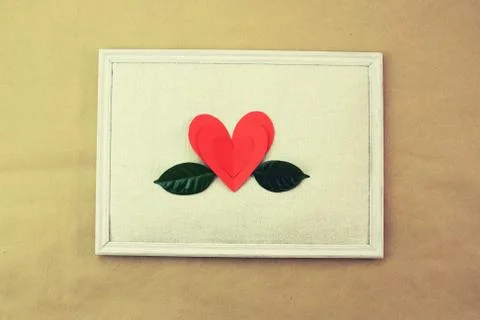 Paper red green leaves heart pattern Top view copy space Stock Photos
