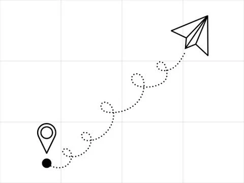 Paper rocket flying from location pointer on flight route, vector illustratio Stock Illustration