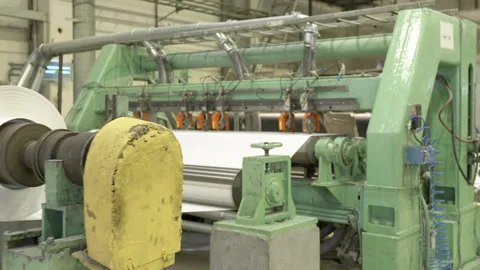 Paper rolling and cutting production line in plant workshop Stockbeeldmateriaal 280908304