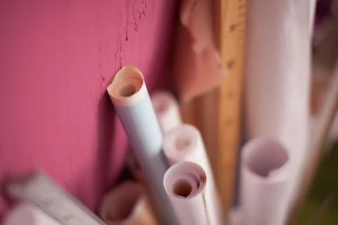 Paper rolls. Patterns in the sewing workshop. Stock Photos