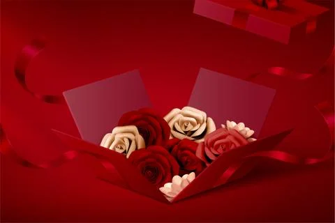 Paper roses in open gift box Stock Illustration