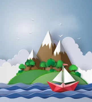 Paper sailing boat float on  the sea with island in the background.paper art Stock Illustration