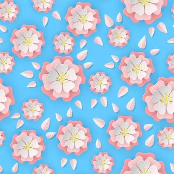 Paper sakura seamless pattern. Floral stylish wallpaper colorful blooming Stock Illustration