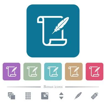 Paper scroll with feather flat icons on color rounded square backgrounds Stockillustratie