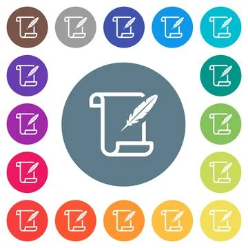 Paper scroll with feather flat white icons on round color backgrounds Stockillustratie