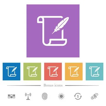 Paper scroll with feather flat white icons in square backgrounds Stockillustratie