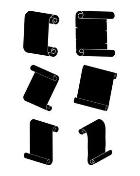 Paper scroll icon set. Black silhouette shape isolated on white background. Stock Illustration