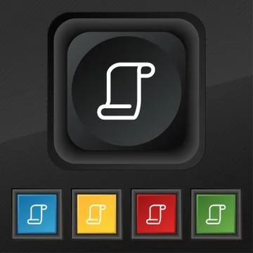 Paper scroll icon symbol. Set of five colorful, stylish buttons on black texture Stock Illustration