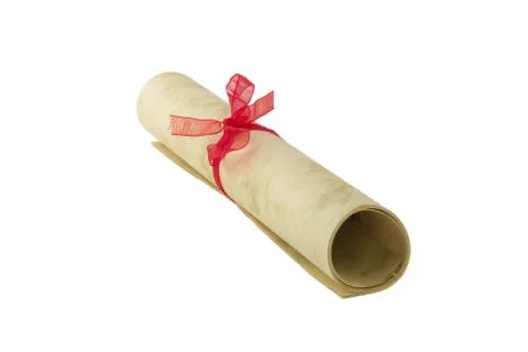 Paper scroll isolated on white with bow. Certificate diploma or award documen Foto stock